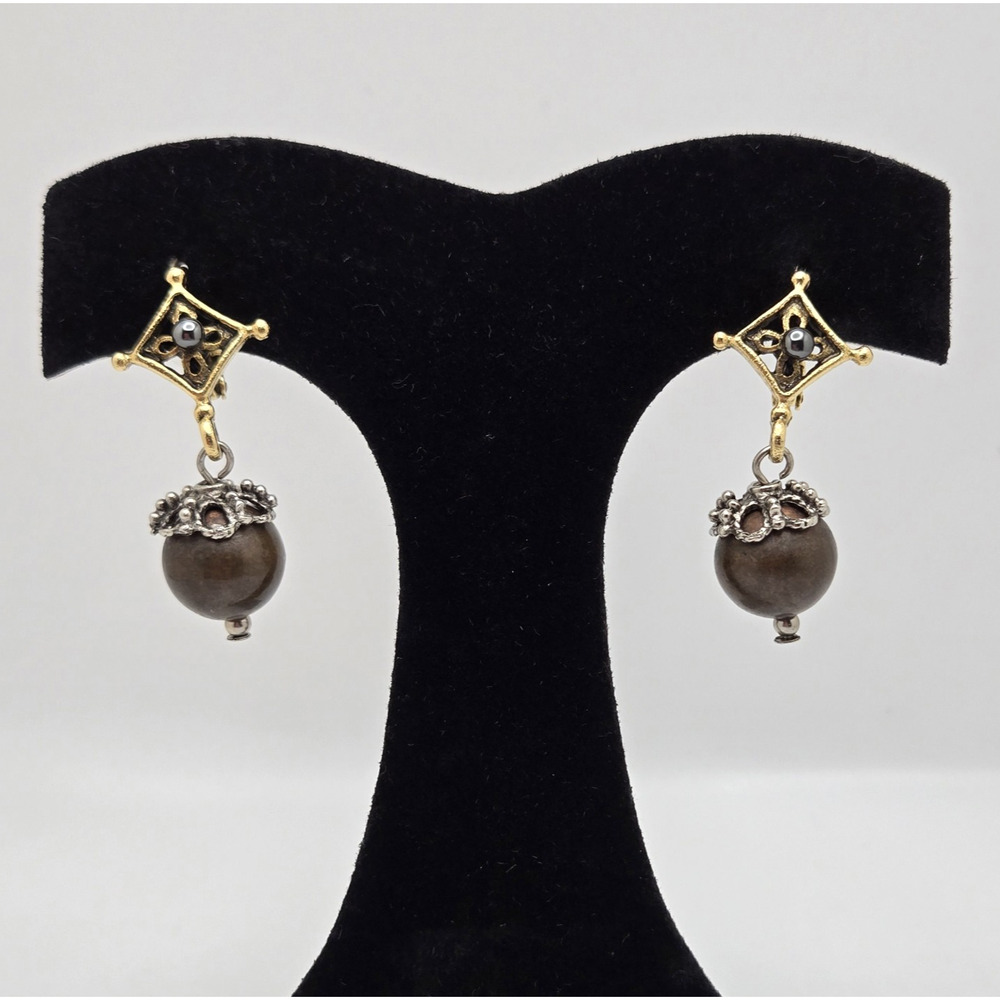 Vintage Earrings Filigree Ball Goldtone Pierced Dangle Classic Ornate Boho Twee